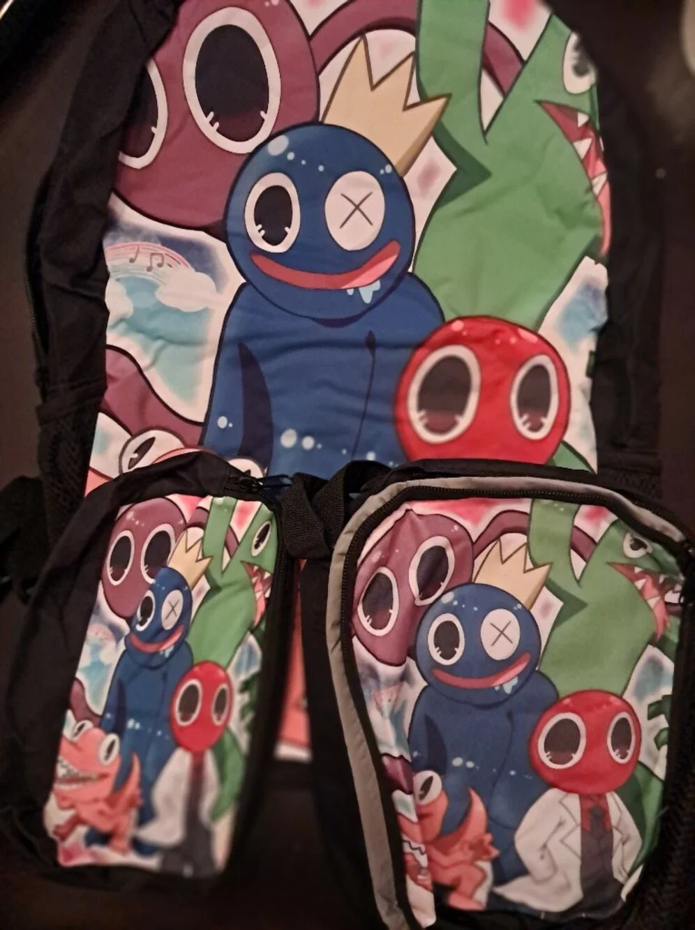 Kids Three Piece Bookbag Set  with Colorful Cartoon Print - Blue/Green/Red